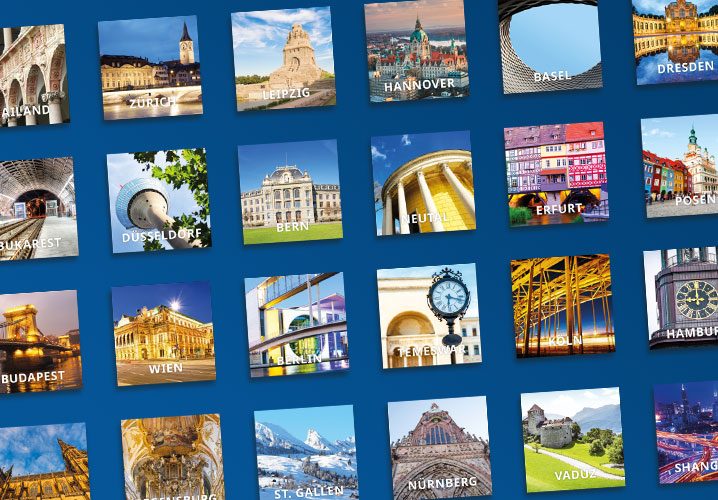 Eine Collage von Stadtansichten zeigt unsere europäischen Standorte, vermittelt Vielfalt und Internationalität.